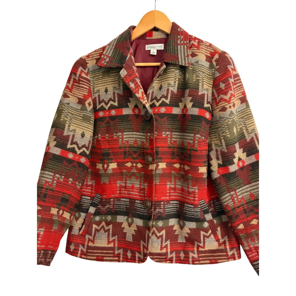 Coldwater Creek Jacket Blazer 12 Red Orange Southwestern Geometric Wool Blend